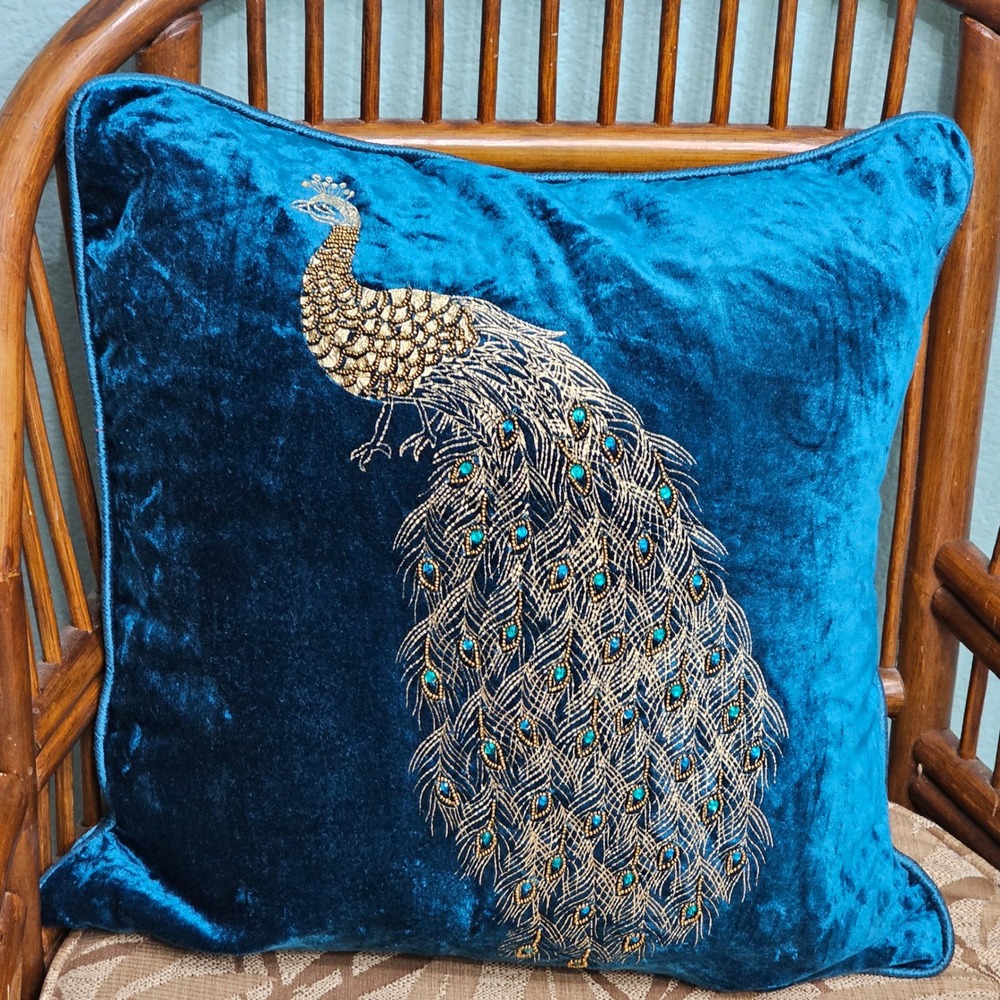Pier 1 Imports Teal Blue Velvet Peacock Beaded Embroidered Throw Pillow 16x16